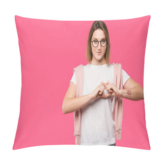 Personality  Stylish Girl In Eyeglasses Showing Heart Symbol Isolated On Pink Pillow Covers