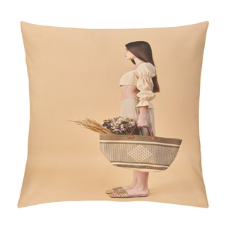 Personality  A Young Woman With Long Brunette Hair Elegantly Holds A Basket Filled With Colorful Flowers, Exuding A Vibrant Summer Mood. Pillow Covers