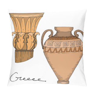 Personality  Vector Antique Greek Amphoras And Columns. Black And White Engraved Ink Art. Isolated Ancient Illustration Element. Pillow Covers