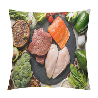 Personality  Top View Of Raw Meat And Fish Among Fresh Vegetables, Ketogenic Diet Menu Pillow Covers