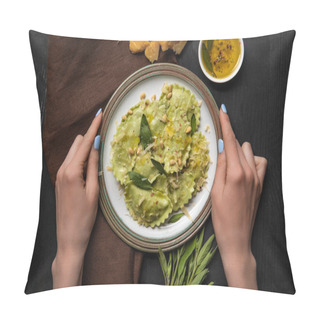 Personality  Top View Of Woman Holding Plate With Delicious Ravioli At Black Wooden Table Pillow Covers