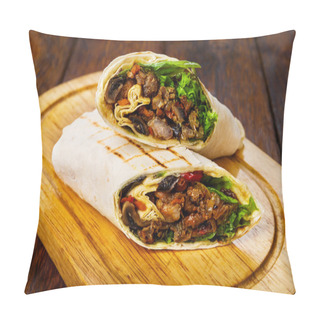 Personality  Burritos With Pork, Mushrooms And Vegetables At Wooden Desk Pillow Covers
