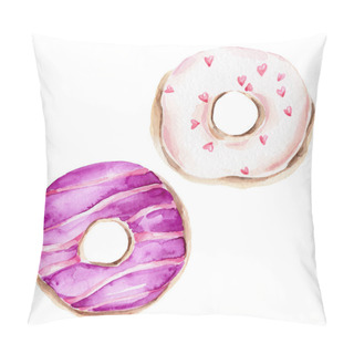 Personality  Two Sweet Donuts; Watercolor Hand Draw Illustration; With White Isolated Background Pillow Covers