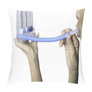 Personality  The Man Holding Triflow And Deep Breathing To Improve Lung Expansion,  Patient With Chest Rehabilitation By Triflow Device.clipping Path. Pillow Covers