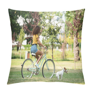 Personality  Selective Focus Of Young Woman Holding Jack Russell Terrier On Leash While Cycling In Park  Pillow Covers