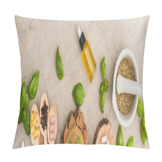 Personality  Panoramic Shot Of Herbs, Green Leaves, Mortar With Pestle, Bottle And Pills In Wooden Spoons On Concrete Background, Naturopathy Concept Pillow Covers