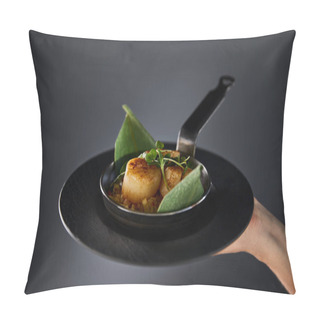 Personality  Cropped View Of Woman Holding Plate With Delicious Grilled Scallops On Black Background Pillow Covers