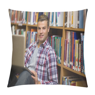 Personality  Serious Young Student Sitting On Library Floor Using Laptop Pillow Covers