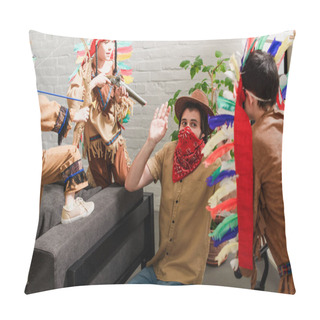 Personality  Man In Hat And Red Bandana Playing Together With Sons In Indigenous Costumes At Home Pillow Covers