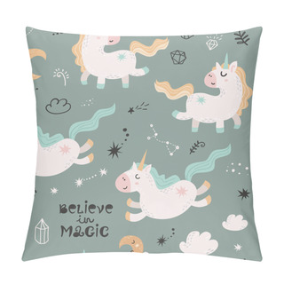 Personality  Seamless Pattern With Magic Unicorns. Cartoon Design For Birthday Invitation, Poster, Clothing, Nursery Wall Art And Card. Pillow Covers