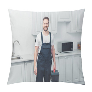 Personality  Happy Repairman In Working Overall Holding Toolbox In Kitchen At Home Pillow Covers