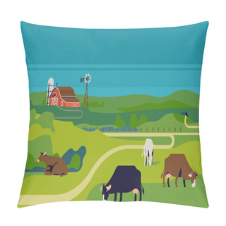 Personality  Peaceful Rural Cattle Farm Landscape With Farm Barn, Silo And Dairy Cows In Grassland Meadows Environment Pillow Covers