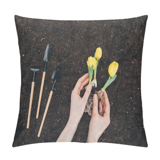 Personality  Partial View Of Person Planting Beautiful Green Flowers In Soil And Small Gardening Tools On Ground   Pillow Covers