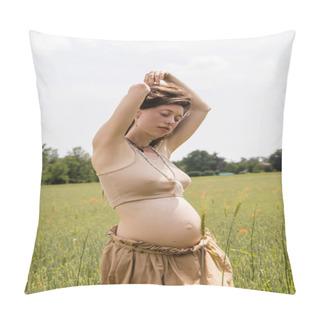 Personality  Pregnant Woman With Closed Eyes Standing In Summer Field With Spikelets Pillow Covers