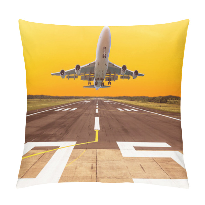 Personality  airplane flying take off from runway on sunset pillow covers