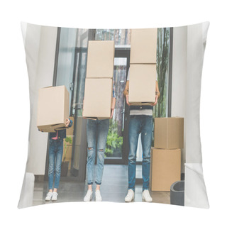 Personality  Partial View Of Family Holding Cardboard Boxes At New Home, Moving Home Concept Pillow Covers