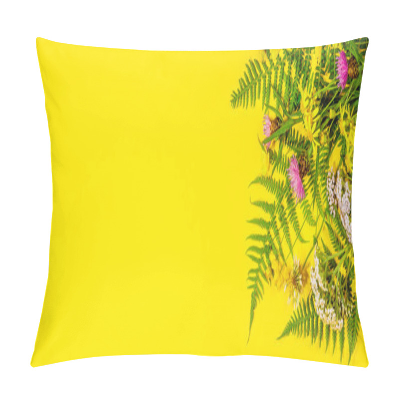 Personality  Wild And Healing Herbs Concept. Wild Herbs And Flowers On Yellow Background. Clean Eating, Biohaking Or Paleo Diet. Top View, Flat Lay, Copyspace Pillow Covers