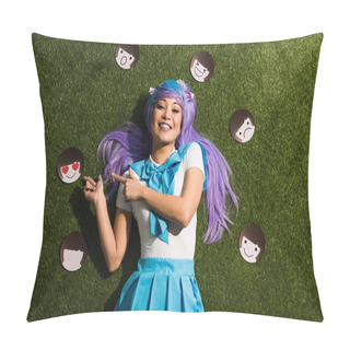 Personality  Asian Anime Girl In Purple Wig With Emoticons Lying On Grass Pillow Covers