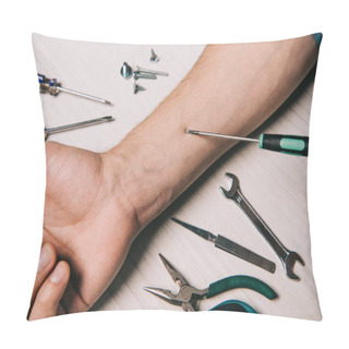 Personality  Cropped View Of Man Fixing Hand With Tools Pillow Covers