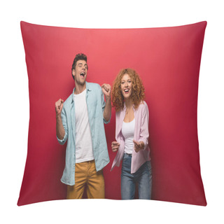 Personality  Beautiful Excited Couple In Casual Clothes Isolated On Red Pillow Covers