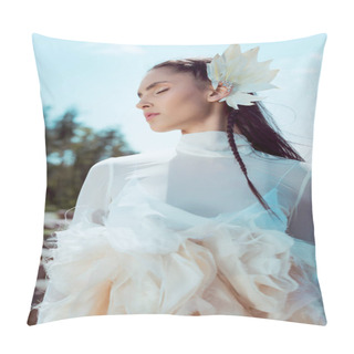 Personality  Low Angle View Of Tender Woman In White Swan Costume Standing On Forest And Beach Background Pillow Covers