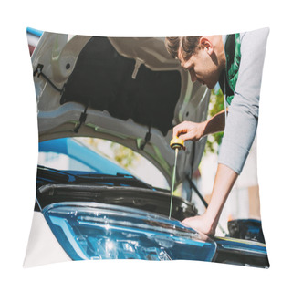Personality  Young Man Checking Engine Oil Level In Broken Car Pillow Covers