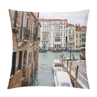 Personality  VENICE, ITALY - SEPTEMBER 24, 2019: Canal With Motor Boats And Ancient Buildings In Venice, Italy  Pillow Covers
