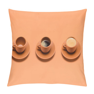 Personality  Close Up View Of Arrangement Of Empty Cup And Two Cups Of Coffee Isolated On Peach Pillow Covers