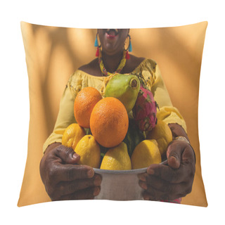 Personality  Partial View Of Middle Aged African American Woman Holding Metal Bowl With Fruits On Orange Pillow Covers