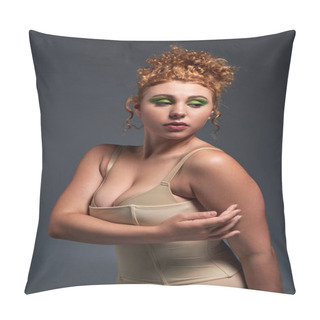 Personality  Sensual Redhead And Curvy Woman In Taupe Underwear Looking At Camera On Dark Grey Backdrop Pillow Covers