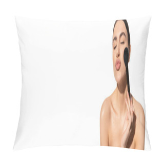 Personality  Brunette Woman With Bare Shoulders Holding Soft Powder Brush And Pouting Lips Isolated On White, Banner  Pillow Covers