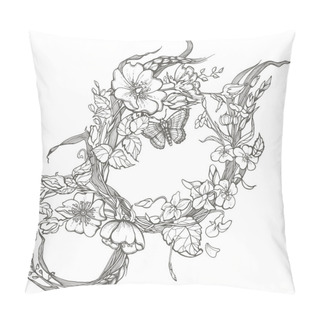 Personality  Wild Dog Rose Flowers Frame Contour Ink Adult Coloring Page Drawing Vector Clipart On White Background. Pillow Covers