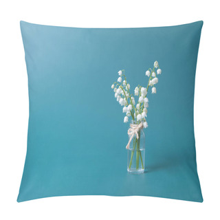 Personality  Lilies Of The Valley Bouquet In A Mini Glass Jar On A Turquoise Background With Copy Space. Minimalistic Spring Still Life. Pillow Covers
