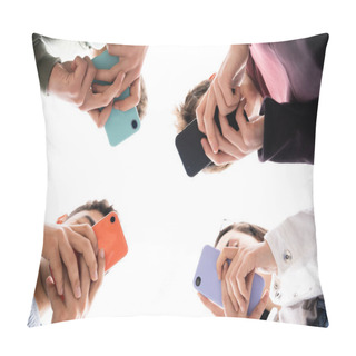 Personality  Low Angle View Of Teenager Group Using Phones. Digital Addiction And Concept. Pillow Covers