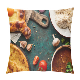 Personality  Top View Of Delicious Khinkali, Adjarian And Imeretian Khachapuri, Kharcho On Green Background Pillow Covers