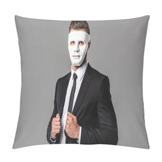 Personality  Businessman In Black Suit And White Mask Isolated On Grey Pillow Covers