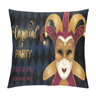 Personality  Gold Carnival Mask With Shiny Texture. Carnival Hand Drawn Lettering. Invitation Card Template. Vector Illustration EPS10. Pillow Covers