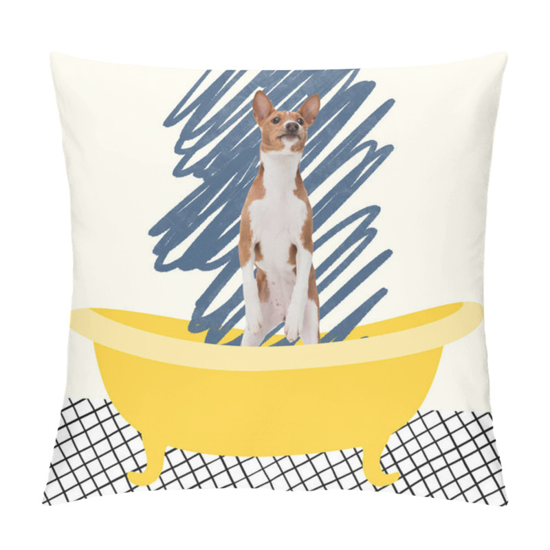 Personality  Contemporary art collage of cute, dog standing in bath isolated over white background pillow covers