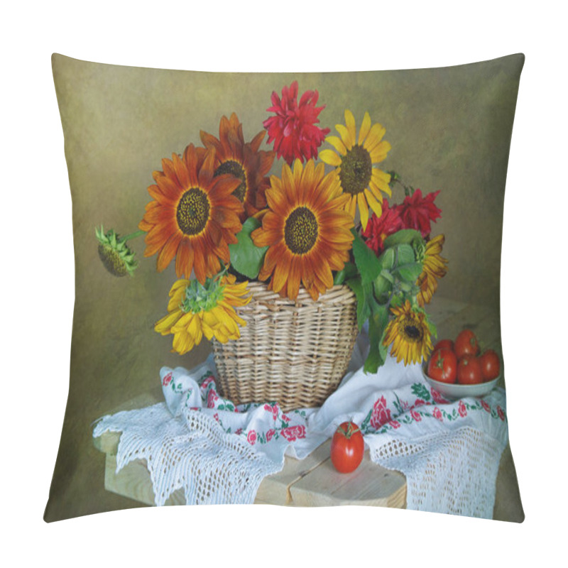 Personality  Still life with sunflowers in a basket with embroidered flowers on a towel pillow covers