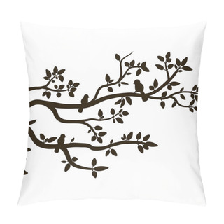 Personality  Vector Silhouette Of Spring Birds Sitting On Twig Of Tree. Decorative Branch Of Tree With Birds. Pillow Covers