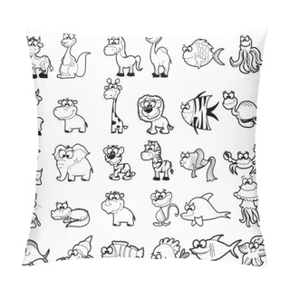 Personality  Big Set Of Black And White Cartoon Animals, Vector Pillow Covers