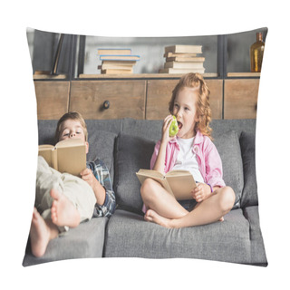 Personality  Cute Little Brother And Sister Reading Books On Couch At Home Pillow Covers