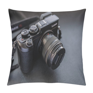Personality  VLADIVOSTOK, RUSSIA - JULY 15, 2016: Studio Shot Of Camera Panasonic GX8 On A Dark Background. The Camera Features A Newly Developed 20 Megapixel Sensor. Pillow Covers