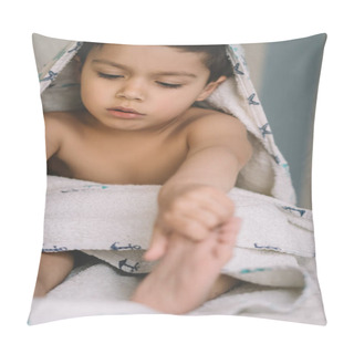Personality  Selective Focus Of Cute Child, Covered With Hooded Towel, Touching Feet While Sitting On Bed Pillow Covers