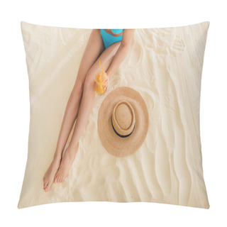 Personality  Top View Of Girl In Bikini With Cocktail And Straw Hat Relaxing On Beach Pillow Covers