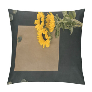 Personality  Top View Of Blank Paper Envelope With Sunflowers Over Black Background Pillow Covers