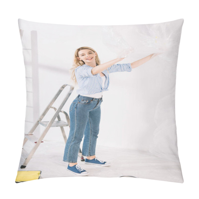 Personality  Beautiful Young Woman Holding Cellophane While Preparing For Painting Wall Pillow Covers