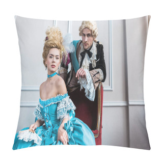 Personality  Attractive Victorian Man Holding Fan And Sitting On Antique Chair Near Man In Wig  Pillow Covers