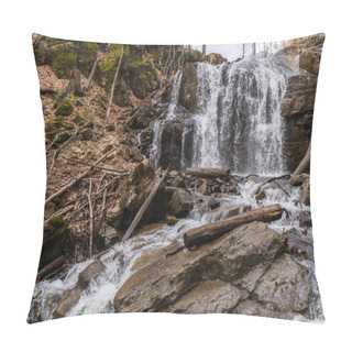 Personality  Wooden Logs On Stones Near Mountain Creek  Pillow Covers