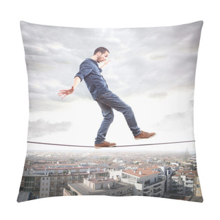 Personality  Young Man Walking On A Rope In Balance Pillow Covers